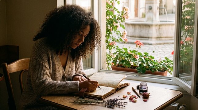 Woman Writing in Leather Journal