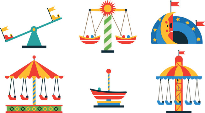 Amusement park rides collection with carousel swings and carnival attractions isolated on light background entertainment vector illustration set
