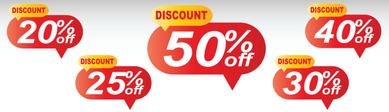 Discount labels set, 20, 25, 30, 40, 50, percent off price tags, red speech bubble stickers, sale promotion element, vector offer badges, marketing banners