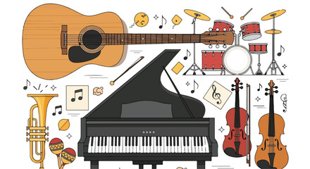 A digital illustration of various musical instruments © Misri