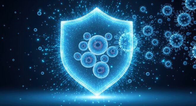 Glowing blue shield, virus protection concept, cybersecurity, safety technology