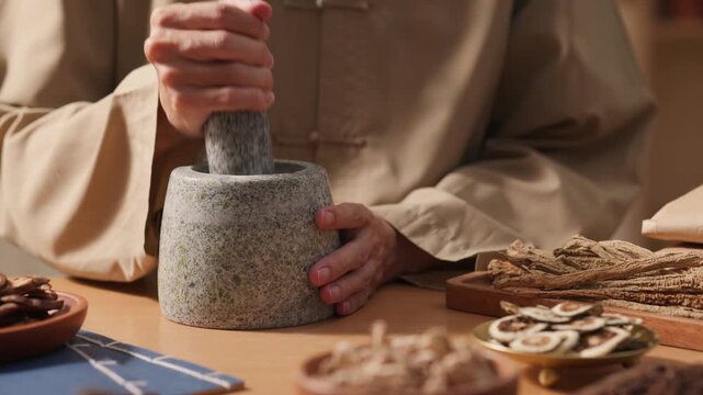 Front view close-up of practitioner grinding herbs with mortar and pestle. Angelica, ginseng, spatholobus and licorice emphasize traditional Chinese medicine processing.