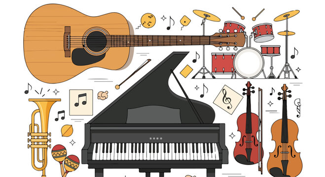 A digital illustration of various musical instruments
