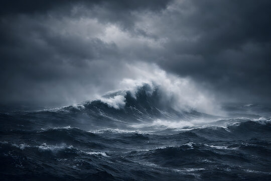 Dark storm clouds roll over a restless sea with waves crashing beneath a dramatic sky