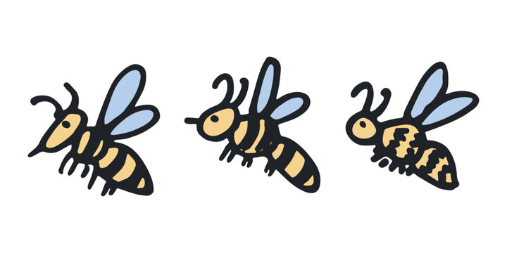 Set of hand drawn happy funny cute honey bee clipart Adorable flying striped insect friendly kawaii bumble bee For kids print, web, design, decor, logo