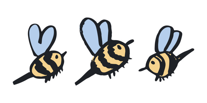 Set of hand drawn happy funny cute honey bee clipart Adorable flying striped insect friendly kawaii bumble bee For kids print, web, design, decor, logo
