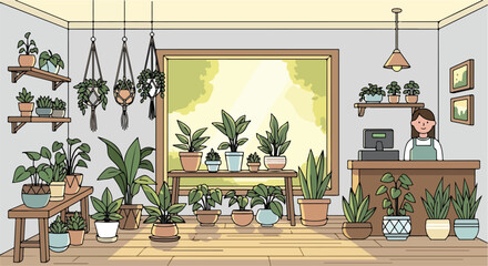 Fototapeta premium A plant-filled indoor space with a smiling woman behind the counter