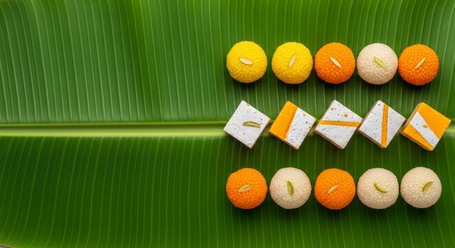 Colorful Indian Sweets and Desserts on a Banana Leaf.
