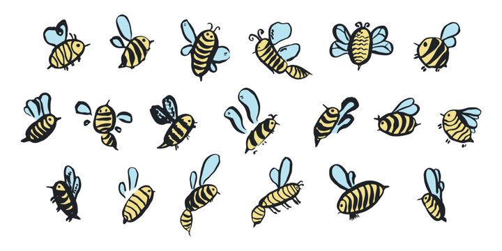 Set of hand drawn happy funny cute honey bee clipart Adorable flying striped insect friendly kawaii bumble bee For kids print, web, design, decor, logo