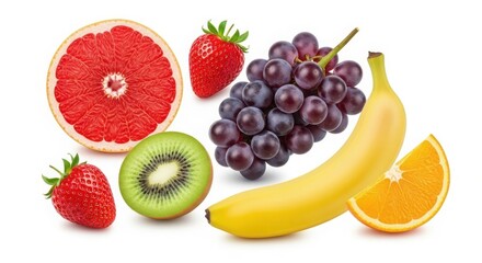 Naklejka premium Fresh fruit collection with banana, grapes, and strawberries, assortment of sliced citrus and kiwi, healthy organic food ingredients isolated on White Background