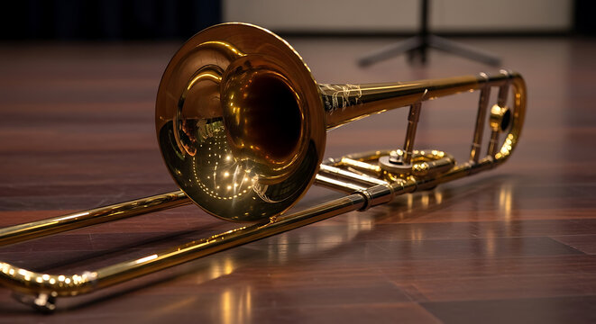 Golden trombone lying on a wooden floor on transparent background high quality