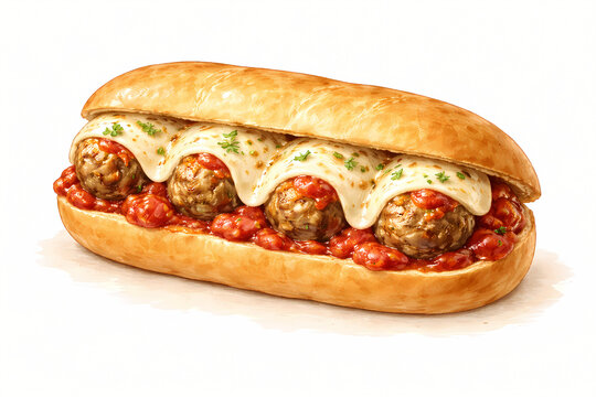 Meatball Sub Sandwich with Melted Cheese Watercolor Illustration