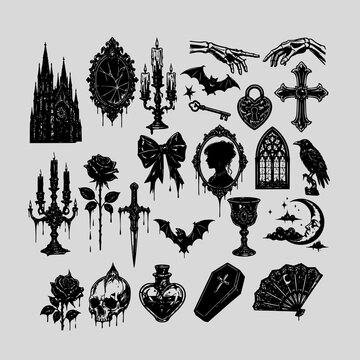 set of silhouettes of gothic icon, Gothic Tattoo Flash Sheet Black and White Dark Occult Elements Collection
