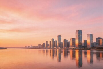 Obraz premium City skyline at sunset with water reflection