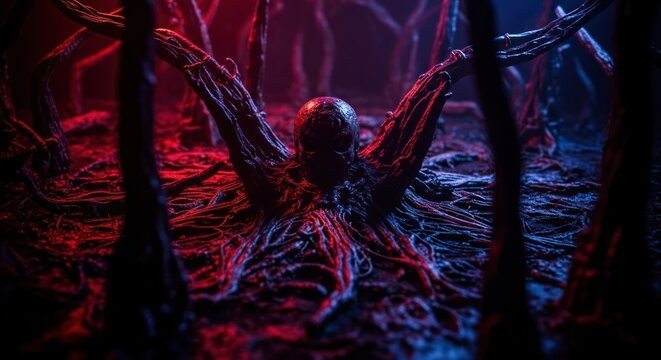 Sinister Creature Lurking in Dark, Eerie Forest with Red and Blue Lighting.
