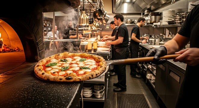 Pizza in commercial kitchen with chefs preparing food and oven