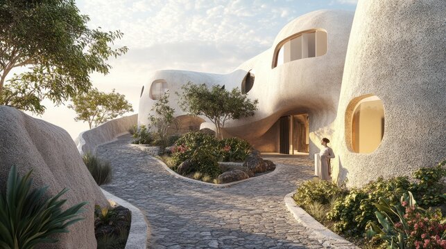 Modern, sculpted home nestled in a hillside landscape, woman walking the garden path