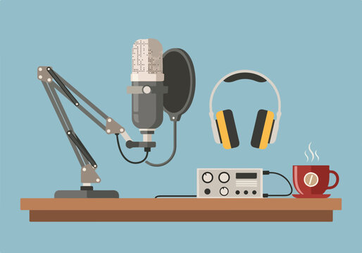 A podcasting setup with microphone, headphones, and coffee