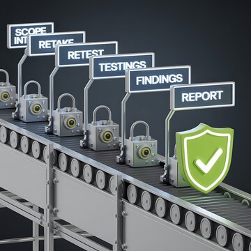 Quality control and security icons on a conveyor belt