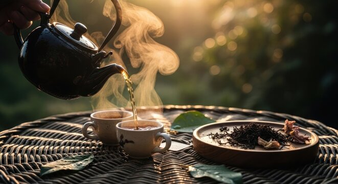 Steaming Hot Tea Poured into Cups Outdoors at Sunrise.