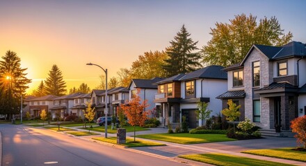 Obraz premium Suburban Street Lined with Modern Homes at Sunset.