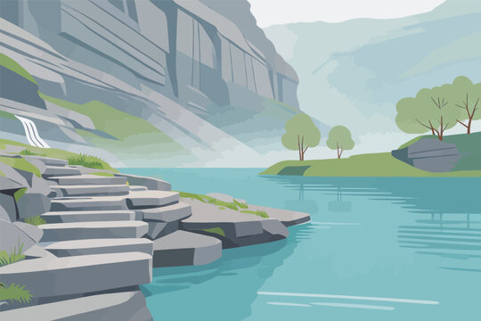 Serene River with Stone Steps and Waterfall