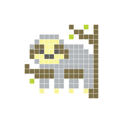 Fototapeta premium A flat pixel design made of geometric square color blocks on a clean icon layout. Pixel art sloth