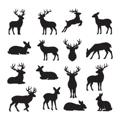 Fototapeta premium Collection of 12 Black Deer and Stag Silhouettes in Various Poses — Wildlife Vector Clipart Set on White Background
