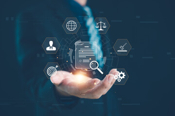 Naklejka premium Business professional presenting digital compliance and legal management system, document verification, audit process, governance, regulation, workflow automation, modern corporate technology concept.