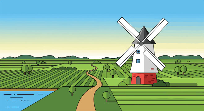 A serene countryside scene with a windmill