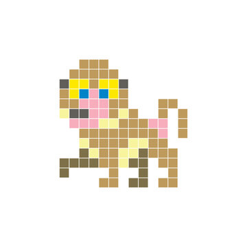 A flat pixel design made of geometric square color blocks on a clean icon layout. Pixel art baboon