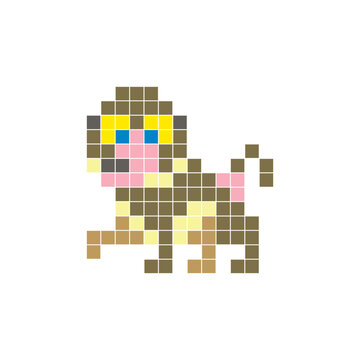 A flat pixel design made of geometric square color blocks on a clean icon layout. Pixel art baboon