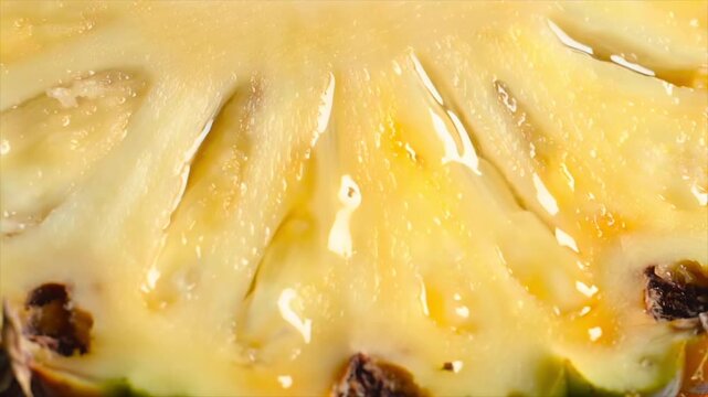 fresh pineapple slice in extreme macro, juicy fibrous texture stretching as a thin piece is gently separated, glossy surface reflecting light, highlighting tropical freshness, natural sweetness