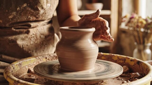 Hands shaping clay on a pottery wheel in workshop