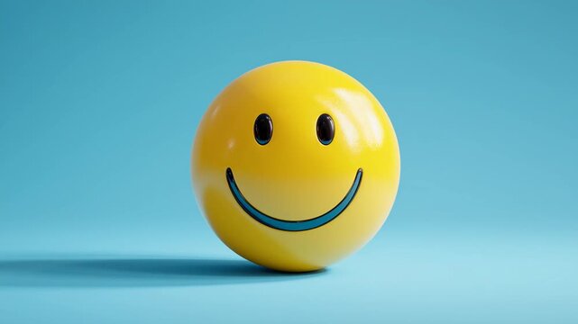 Yellow smiley face icon on blue background, happy emotion symbol, positive mood concept, playful design, cheerful expression.