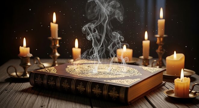 Mysterious spellbook with lit candles and rising smoke for conceptual imagery