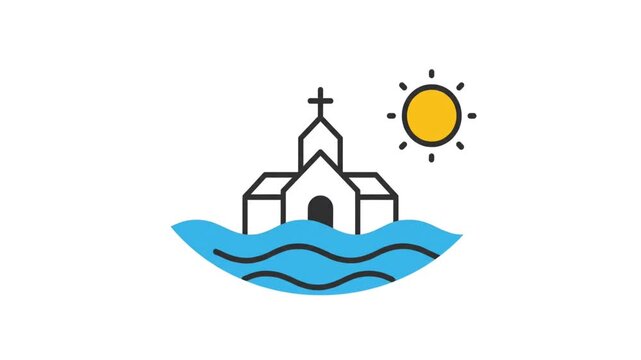 A stylized illustration depicts a church partially submerged in blue waves under a bright yellow sun.