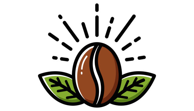 A brown coffee bean with two green leaves and sunburst lines around it