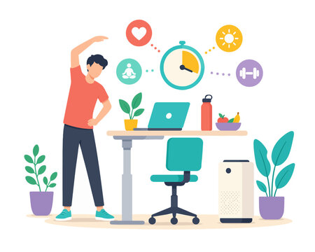 Office Wellness Routine with Stretching Exercise and Healthy Work Habits Flat Vector Illustration