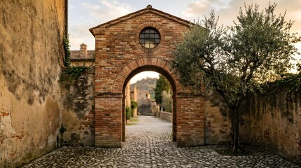 Fototapeta premium A beautiful medieval red brick archway with round windows leading onto a traditional cobbled lane in a village