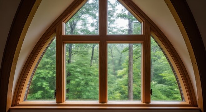 Pitched roof attic window framing a serene forest view with natural wood detailing