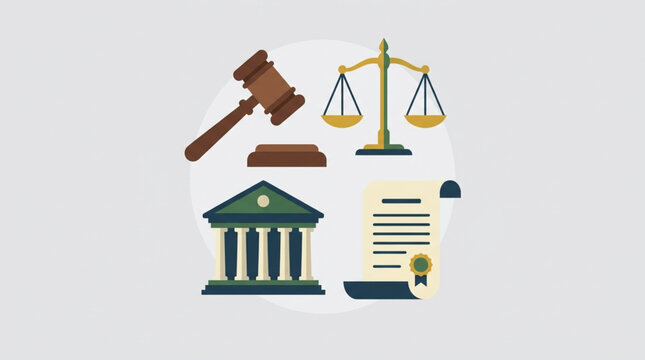 A graphic illustration of law and justice symbols including a gavel, scales, courthouse, and legal documents on a clean white background