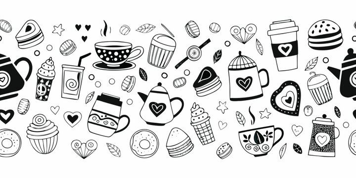 Coffee tea and pastry seamless pattern hand drawn black and white