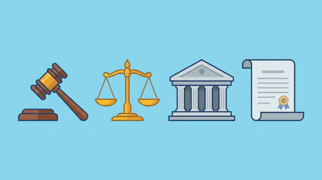 A flat lay illustration of a gavel, scales, courthouse, and legal document on a blue background representing justice and law