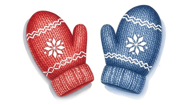 Pair of colorful knitted mittens with snowflake decorations isolated on white