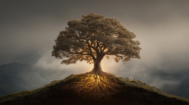 A massive ancient tree with deep glowing roots, symbol of lineage and generations