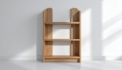 Fototapeta premium Modern minimalist natural wood bookshelf with three open shelves, standing against a bright white wall, casting subtle shadows for a clean and inviting interior space