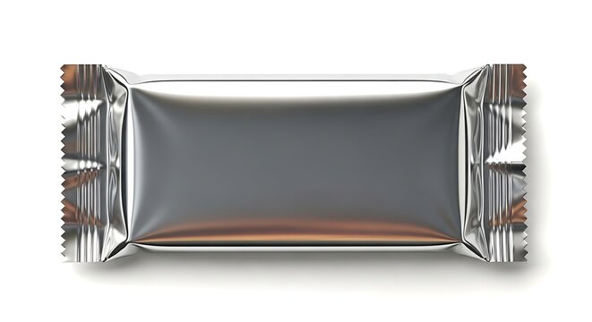 Shiny metallic foil wrapped rectangular candy bar with embossed design