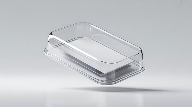 Clear plastic container with white paper insert on reflective surface container packaging