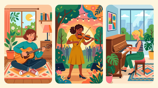 Diverse Women Enjoying Musical Performances at Home and Outdoors in Vibrant Illustrations